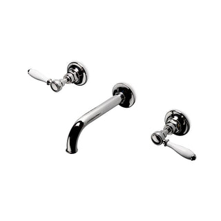 Waterworks Easton Vintage Low Profile Three Hole Wall Mounted Lavatory Faucet with Elongated Spout and White Porcelain Lever Handles