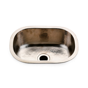 Waterworks Normandy 15 3/4" x 11 13/16" x 5 7/16" Hammered Copper Oval Bar Sink with Center Drain in Matte Nickel