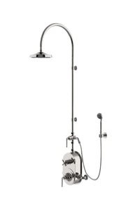 Waterworks Henry Exposed Thermostatic Shower System with 8" Shower Head, Handshower, Metal Lever Diverter Handle, Metal Lever and Cross Handle in Nickel, 1.75gpm