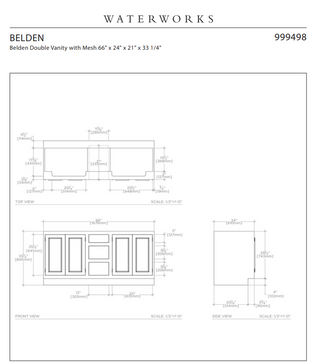 Waterworks Belden Double Vanity with Nickel Mesh 66" x 24" x 33 1/4" in Chalk