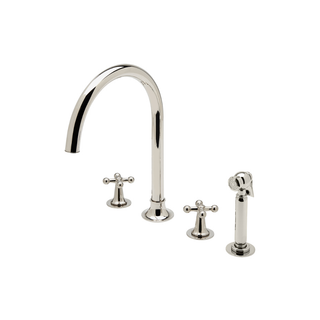 Waterworks Dash Three Hole Gooseneck Kitchen Faucet with Metal Cross Handles and Spray