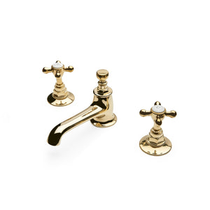 Waterworks Highgate Low Profile Three Hole Deck Mounted Lavatory Faucet with Metal Cross Handles in Brass