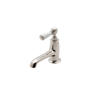 Waterworks Highgate Low Profile One Hole Deck Mounted Lavatory Faucet with White Porcelain Lever Handle with WW Studio Logo