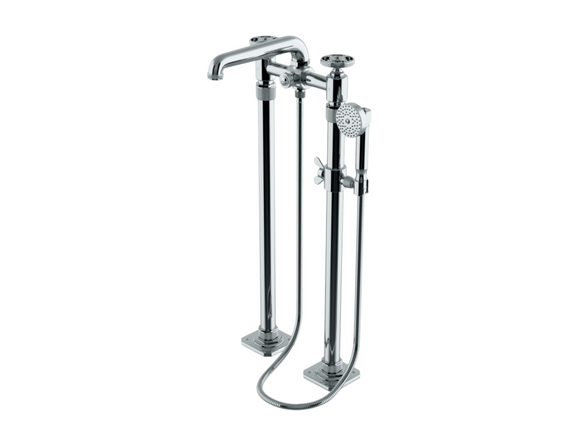 Waterworks R.W. Atlas Exposed Floor Mounted Tub Filler with 1.75gpm Handshower and Wheel Handles in Nickel