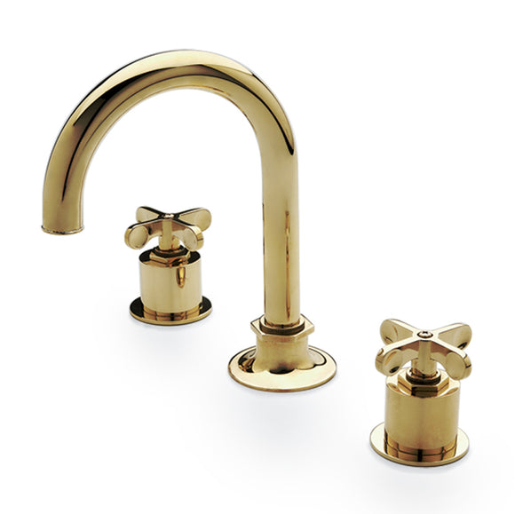 Waterworks Henry Gooseneck Three Hole Deck Mounted Lavatory Faucet with Metal Cross Handles in Brass