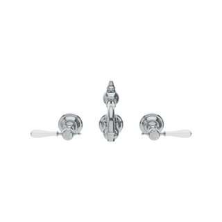 Waterworks Julia High Profile Three Hole Wall Mounted Lavatory Faucet with White Porcelain Lever Handles