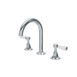 Waterworks Highgate Gooseneck Lavatory Faucet with White Porcelain Lever Handles with WW Studio Logo