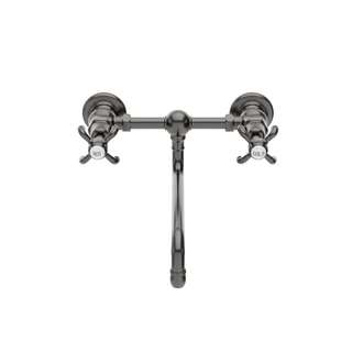 Waterworks Etoile Low Profile Two Hole Wall Mounted Lavatory Faucet (Curved Spout) with Metal Cross Handles