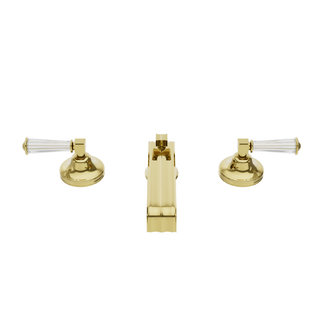 Waterworks Boulevard Low Profile Three Hole Deck Mounted Lavatory Faucet with Crystal Lever Handles