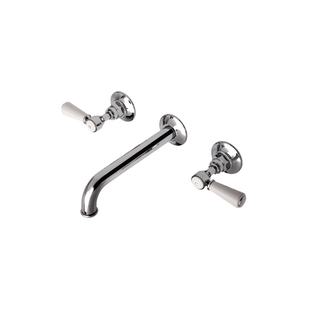 Waterworks Highgate Low Profile Three Hole Wall Mounted Lavatory Faucet with White Porcelain Lever Handles with WW Studio Logo