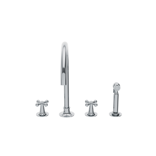 Waterworks Dash Three Hole Gooseneck Kitchen Faucet with Metal Cross Handles and Spray