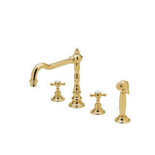 Waterworks Julia Three Hole High Profile Kitchen Faucet, Metal Cross Handles and Spray