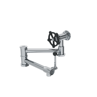 Waterworks Regulator Wall Mounted Articulated Pot Filler, Black Wheel and Lever Handles