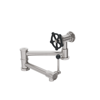 Waterworks Regulator Wall Mounted Articulated Pot Filler, Black Wheel and Lever Handles