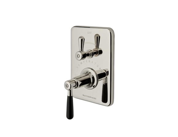 Waterworks Riverun Integrated Thermostatic and Volume Control Trim with Two-Tone Lever Handle in Nickel/Matte Black