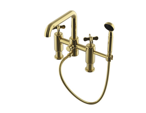 Waterworks Ludlow Deck Mounted Exposed Tub Filler with Handshower and Metal Cross Handles in Brass