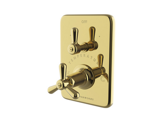 Waterworks Riverun Integrated Thermostatic and Diverter Trim with Tri-Spoke Handle in Brass