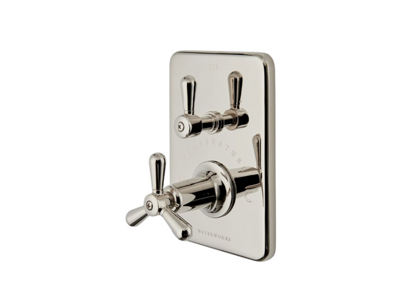 Waterworks Riverun Integrated Thermostatic and Diverter Trim with Tri-Spoke Handle in Nickel