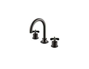 Waterworks Henry Gooseneck Three Hole Deck Mounted Lavatory Faucet with Coin Edge Cylinders and Cross Handles in Dark Nickel