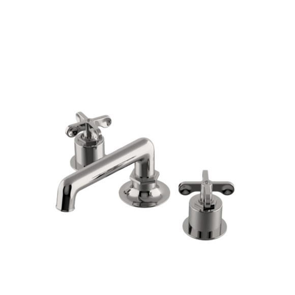 Waterworks Henry Low Profile Three Hole Deck Mounted Lavatory Faucet with Metal Cross Handles in Chrome