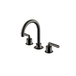 Waterworks Henry Gooseneck Three Hole Deck Mounted Lavatory Faucet with Metal Lever Handles in Dark Nickel