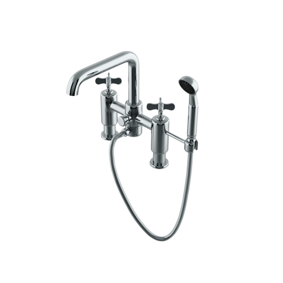 Waterworks Ludlow Deck Mounted Exposed Tub Filler with Handshower and Metal Cross Handles in Chrome