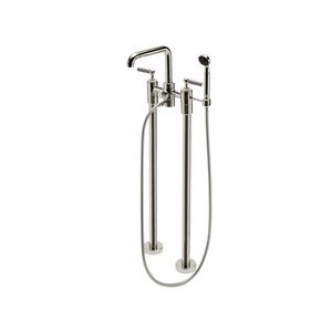 Waterworks Ludlow Shinola Edition Floor Mounted Exposed Tub Filler with Handshower and Two-Tone Lever Handles in Nickel/Shinola Steel