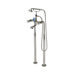 Waterworks Highgate ASH NYC Edition Floor Mounted Exposed Tub Filler with Handshower, Cross Handles and Porcelain Diverter Handle in Nickel/Azure