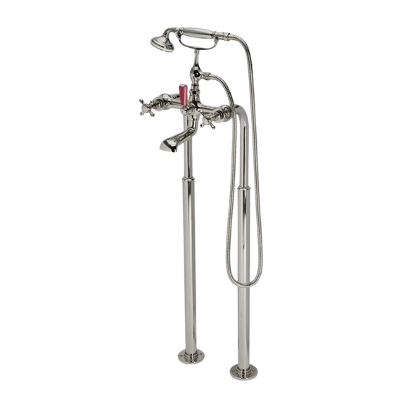 Waterworks Highgate ASH NYC Edition Floor Mounted Exposed Tub Filler with Handshower, Cross Handles and Porcelain Diverter Handle in Nickel/Cerise Red