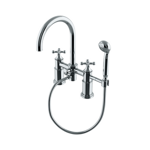 Waterworks Dash Deck Mounted Exposed Tub Filler with Metal Handshower and Cross Handles in Chrome