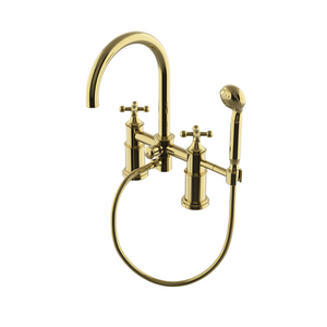 Waterworks Dash Deck Mounted Exposed Tub Filler with Metal Handshower and Lever Handles in Brass