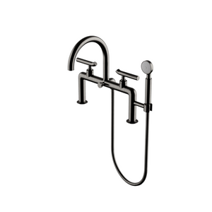 Waterworks Bond Solo Series Deck Mounted Exposed Tub Filler with Handshower and Lever Handles in Dark Nickel