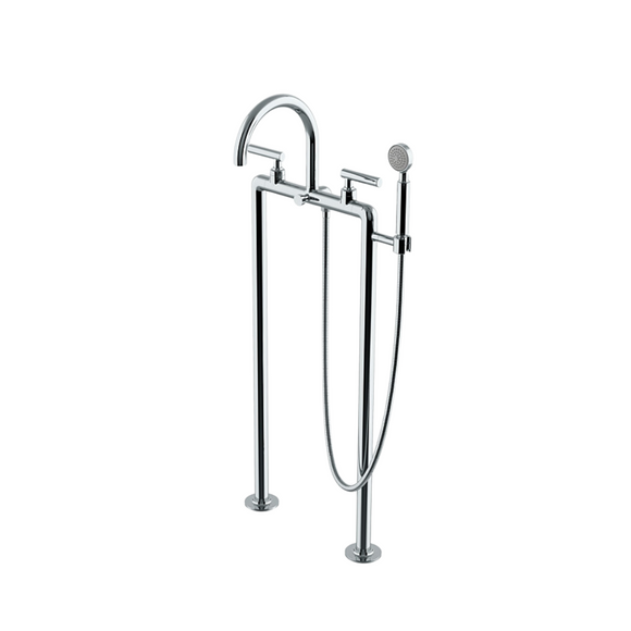 Waterworks Bond Solo Series Floor Mounted Exposed Tub Filler with Handshower and Lever Handles in Chrome