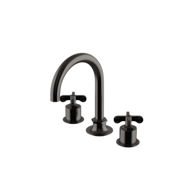 Waterworks Henry Gooseneck Three Hole Deck Mounted Lavatory Faucet with Metal Cross Handles in Dark Nickel