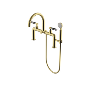 Waterworks Bond Tandem Series Deck Mounted Exposed Tub Filler with Handshower and Two-Tone Lever Handles in Brass/Dark Nickel