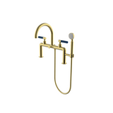 Waterworks Bond Union Series Deck Mounted Exposed Tub Filler with Handshower and Guilloche Pinstripe Lever Handles in Brass/Aegean Enamel