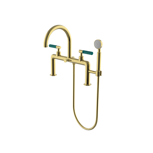 Waterworks Bond Union Series Deck Mounted Exposed Tub Filler with Handshower and Guilloche Pinstripe Lever Handles in Brass/Adriatic Enamel