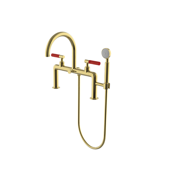 Waterworks Bond Union Series Deck Mounted Exposed Tub Filler with Handshower and Guilloche Pinstripe Lever Handles in Brass/Sienna Enamel