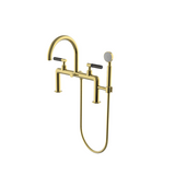 Waterworks Bond Union Series Deck Mounted Exposed Tub Filler with Handshower and Guilloche Pinstripe Lever Handles in Brass/Black Enamel