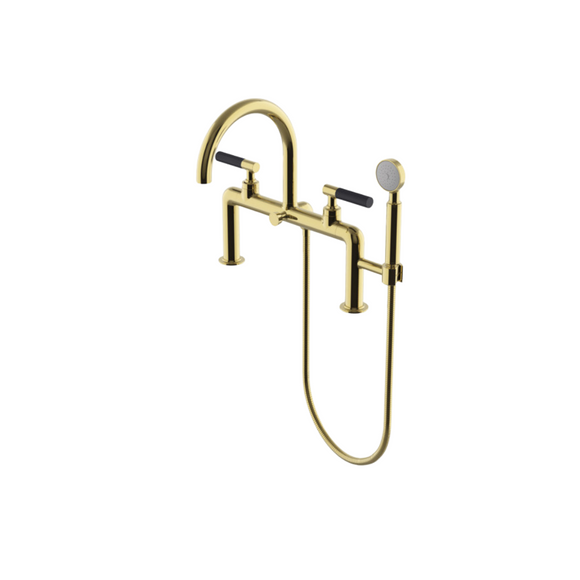 Waterworks Bond Union Series Deck Mounted Exposed Tub Filler with Handshower and Enamel Guilloche Lines Lever Handles in Brass/Black