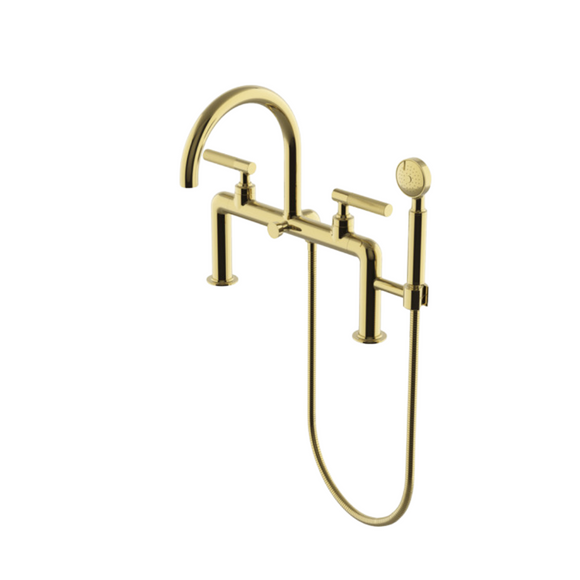 Waterworks Bond Union Series Deck Mounted Exposed Tub Filler with Handshower and Guilloche Link Lever Handles in Brass