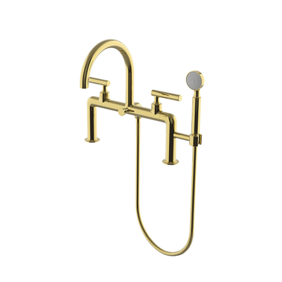 Waterworks Bond Solo Series Deck Mounted Exposed Tub Filler with Handshower and Straight Lever Handles in Brass