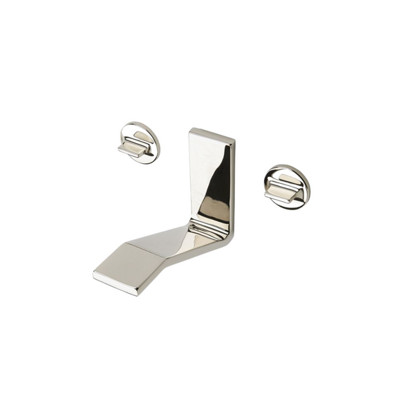 Waterworks Formwork Low Profile Three Hole Wall Mounted Lavatory Faucet with Metal Knob Handles in Matte Nickel