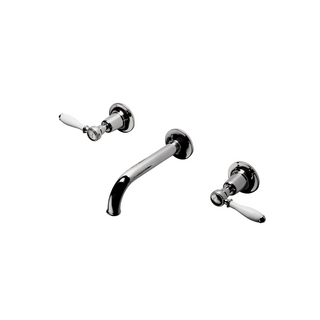 Waterworks Easton Classic Low Profile Three Hole Wall Mounted Lavatory Faucet with Elongated Spout and White Porcelain Lever Handles