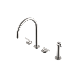 Waterworks Formwork Three Hole Gooseneck Kitchen Faucet with Metal Lever Handles and Spray