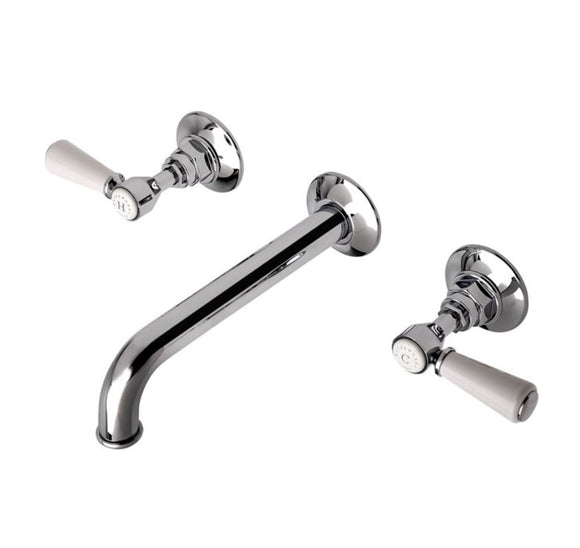 Waterworks  Highgate Wall Mounted Lavatory Faucet with Porcelain Lever Handles in Chrome