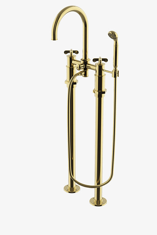 Waterworks Henry Exposed Floor Mounted Tub Filler with Handshower and Metal Cross Handles in Brass