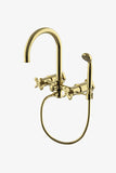 Waterworks Henry Wall Mounted Exposed Tub Filler with Handshower and Cross Handles in Burnished Brass