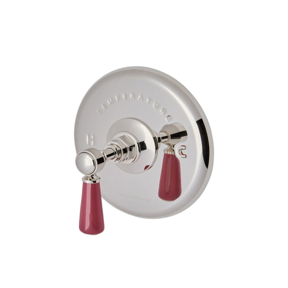 Waterworks Highgate ASH NYC Edition Thermostatic Control Valve Trim with Porcelain Lever Handle in Nickel/Cerise Red