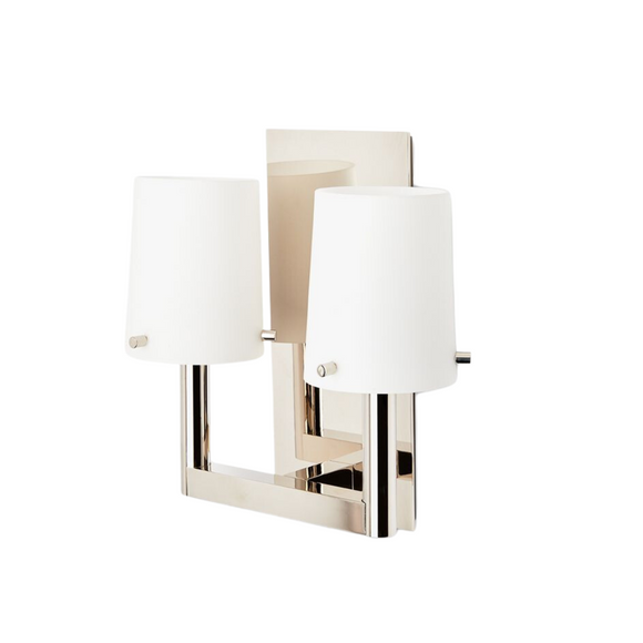 Waterworks Catia Wall Mounted Double Arm Sconce White Glass Shade in Brass